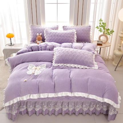 91家纺网 家纺一手货源 找家纺 （总）三友家纺 直播爆款手工双层蝴蝶结牛奶绒蕾丝花边床盖三/四件套