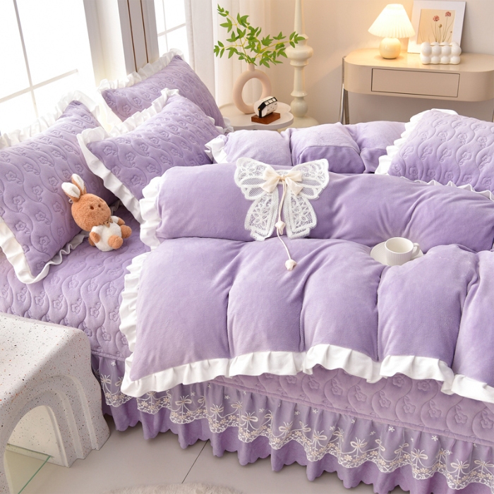 91家纺网 家纺一手货源 找家纺 （总）三友家纺 直播爆款手工双层蝴蝶结牛奶绒蕾丝花边床盖三/四件套