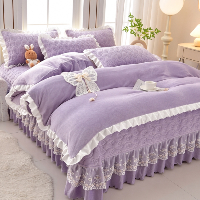 91家纺网 家纺一手货源 找家纺 （总）三友家纺 直播爆款手工双层蝴蝶结牛奶绒蕾丝花边床盖三/四件套