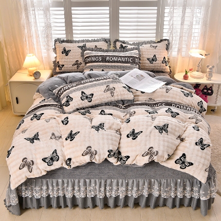 91家纺网 家纺一手货源 找家纺 （总）三友家纺 直播爆款牛奶绒大泡泡印花蕾丝花边床盖床裙四件套