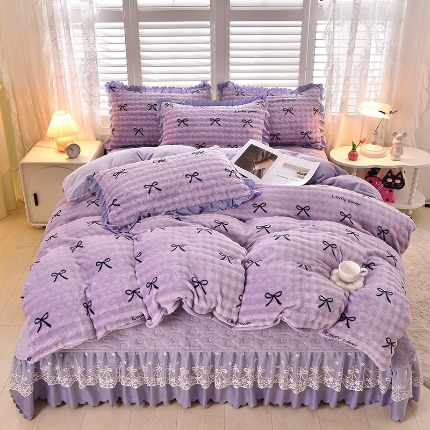 91家纺网 家纺一手货源 找家纺 （总）三友家纺 直播爆款牛奶绒大泡泡印花蕾丝花边床盖床裙四件套