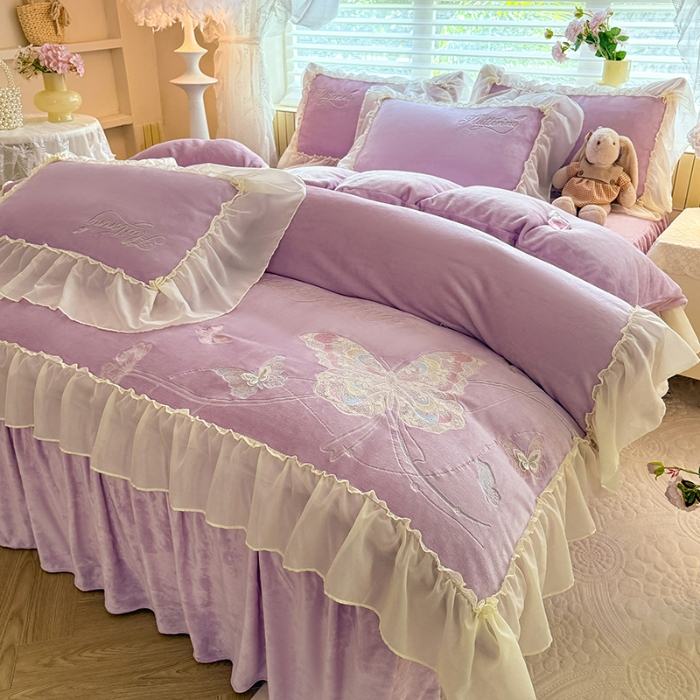 91家纺网 家纺一手货源 找家纺 （总）漫布云 2025新款简约ins风A类全消光230g牛奶绒公主绒四件套床裙款被套-彩蝶系列 彩蝶-香芋紫