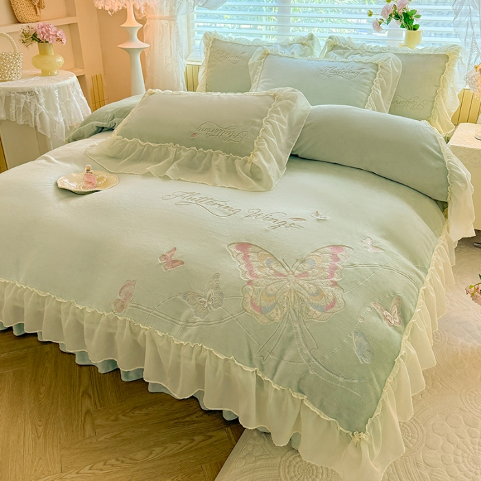 91家纺网 家纺一手货源 找家纺 （总）漫布云 2025新款简约ins风A类全消光230g牛奶绒公主绒四件套床裙款被套-彩蝶系列  彩蝶-新芽绿 