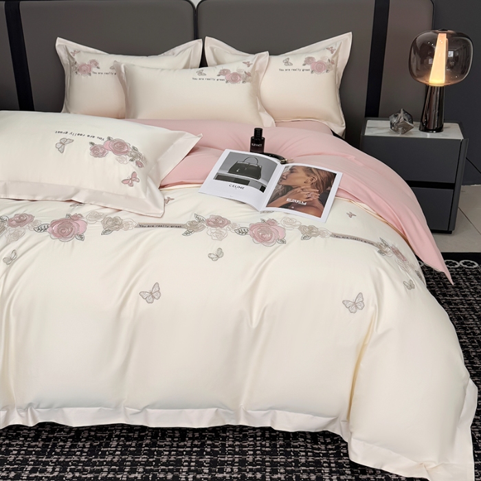 91家纺网 家纺一手货源 找家纺 （总）2025新款刺绣亲肤棉简约高端四件套 玫瑰之恋