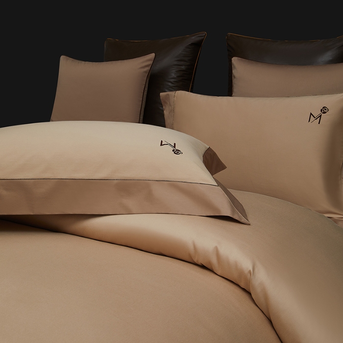 91家纺网 家纺一手货源 找家纺 50S50支长绒棉纯色烫画拼接四件套直播爆款 净界奶咖