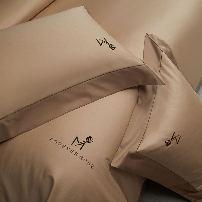 91家纺网 家纺一手货源 找家纺 50S50支长绒棉纯色烫画拼接四件套直播爆款 净界奶咖