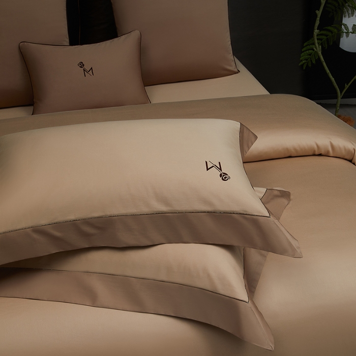 91家纺网 家纺一手货源 找家纺 50S50支长绒棉纯色烫画拼接四件套直播爆款 净界奶咖