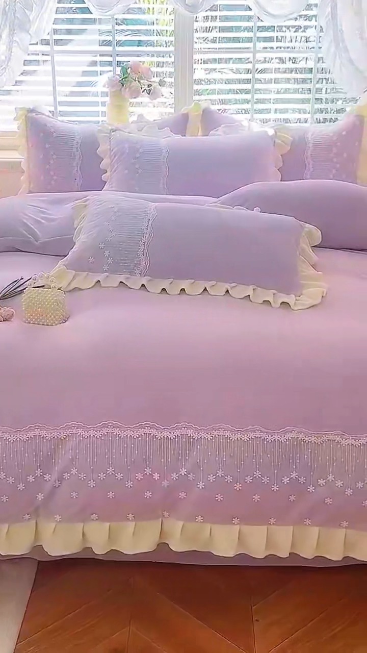 91家纺网 家纺一手货源 找家纺 （总）2025新款牛奶绒刺绣花边四件套-悠梦