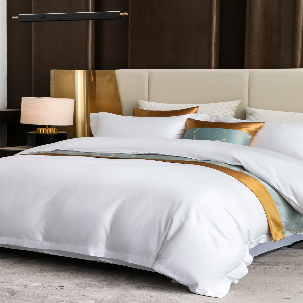 91家纺网 家纺一手货源 找家纺 澜昕 星级酒店被套全棉纯白缎条床上用品民宿布草定制绣花