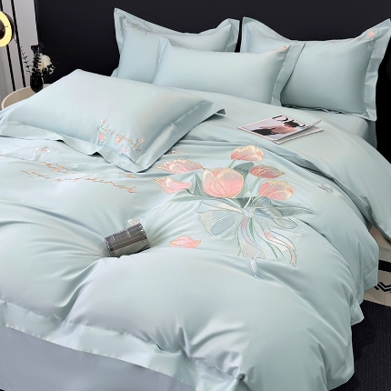 91家纺网 家纺一手货源 找家纺 （总）2025新款刺绣亲肤棉简约高端四件套 郁金花束