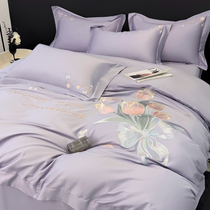 91家纺网 家纺一手货源 找家纺 （总）2025新款刺绣亲肤棉简约高端四件套 郁金花束