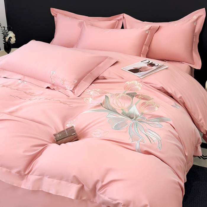 91家纺网 家纺一手货源 找家纺 （总）2025新款刺绣亲肤棉简约高端四件套 郁金花束