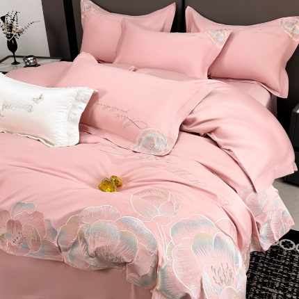 91家纺网 家纺一手货源 找家纺 （总）2025新款刺绣亲肤棉简约四件套- 梦里花开系列