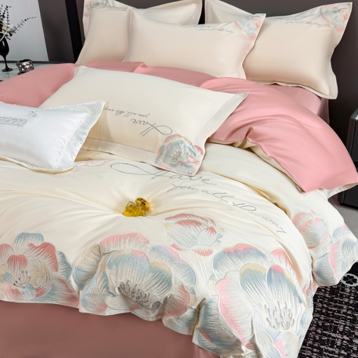 91家纺网 家纺一手货源 找家纺 （总）2025新款刺绣亲肤棉简约四件套- 梦里花开系列