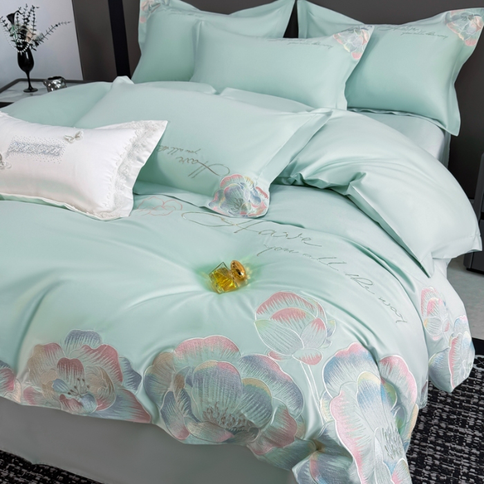 91家纺网 家纺一手货源 找家纺 （总）2025新款刺绣亲肤棉简约四件套- 梦里花开系列