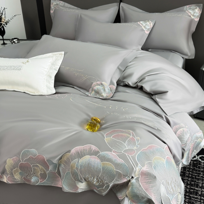 91家纺网 家纺一手货源 找家纺 （总）2025新款刺绣亲肤棉简约四件套- 梦里花开系列