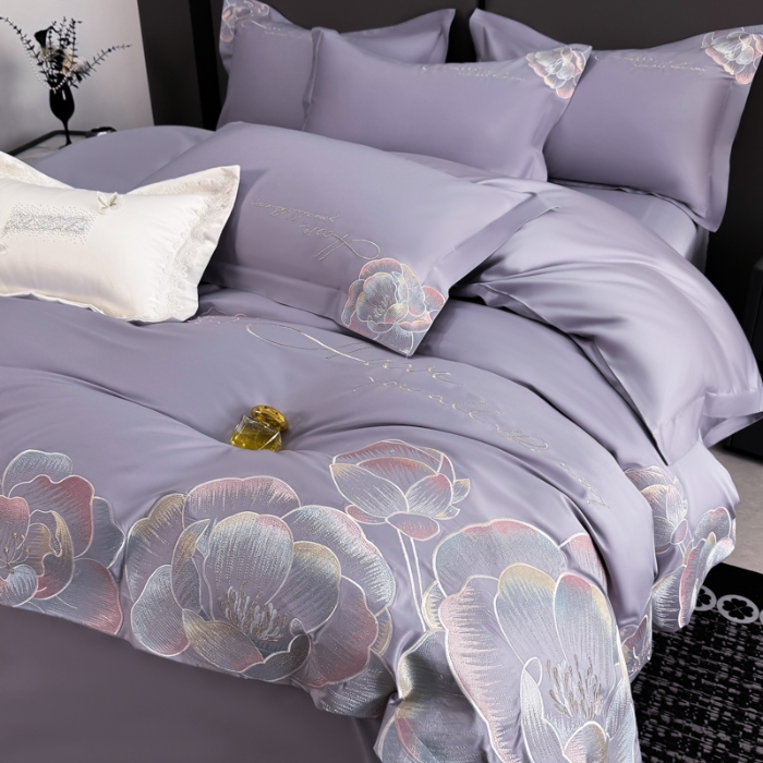 91家纺网 家纺一手货源 找家纺 （总）2025新款刺绣亲肤棉简约四件套- 梦里花开系列