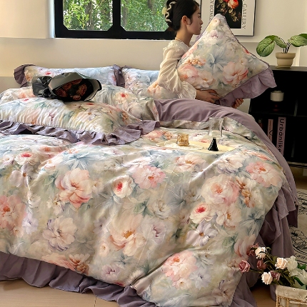 （总）【苏东来】2025高端韩版法式花边蕾丝纯棉全棉双层纱四件套复古赫本公主风浪漫荷叶边田园花卉全棉纯棉四件套被套床单少女床上用品