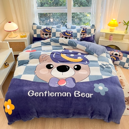 91家纺网 家纺一手货源 找家纺 喜梦缘 2025年新款大版小版卡通牛奶绒四件套 熊先生