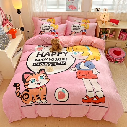 91家纺网 家纺一手货源 找家纺 喜梦缘 2025年新款大版小版卡通牛奶绒四件套 甜梦