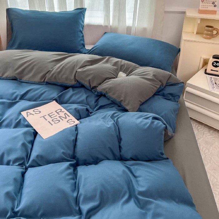91家纺网 家纺一手货源 找家纺 诗雅被业 2023新款纯色磨毛四件套 诱惑蓝灰