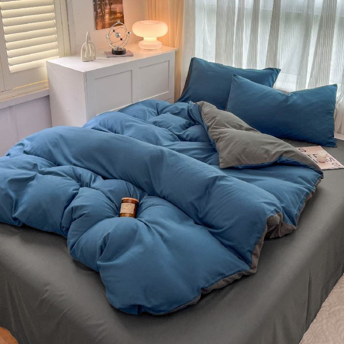 91家纺网 家纺一手货源 找家纺 诗雅被业 2023新款纯色磨毛四件套 诱惑蓝灰