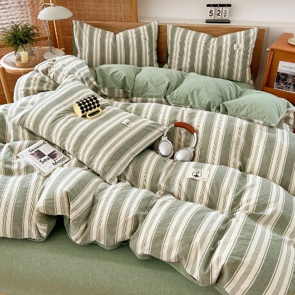 91家纺网 家纺一手货源 找家纺 （总）2025新款全棉水洗棉色织四件套复古条纹ins风纯棉学生宿舍三件套床单床笠款