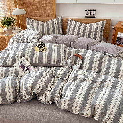 91家纺网 家纺一手货源 找家纺 （总）2025新款全棉水洗棉色织四件套复古条纹ins风纯棉学生宿舍三件套床单床笠款