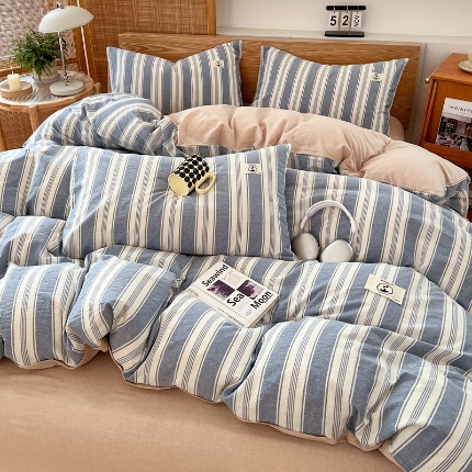 91家纺网 家纺一手货源 找家纺 （总）2025新款全棉水洗棉色织四件套复古条纹ins风纯棉学生宿舍三件套床单床笠款