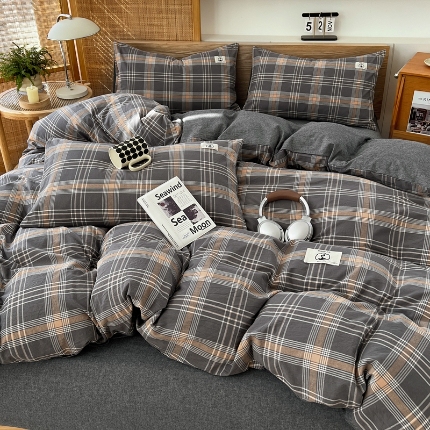 91家纺网 家纺一手货源 找家纺 （总）2025新款全棉水洗棉色织四件套复古条纹ins风纯棉学生宿舍三件套床单床笠款