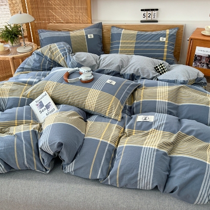 91家纺网 家纺一手货源 找家纺 （总）2025新款全棉水洗棉色织四件套复古条纹ins风纯棉学生宿舍三件套床单床笠款