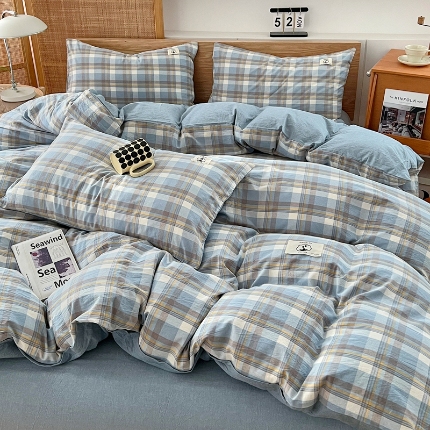 91家纺网 家纺一手货源 找家纺 （总）2025新款全棉水洗棉色织四件套复古条纹ins风纯棉学生宿舍三件套床单床笠款