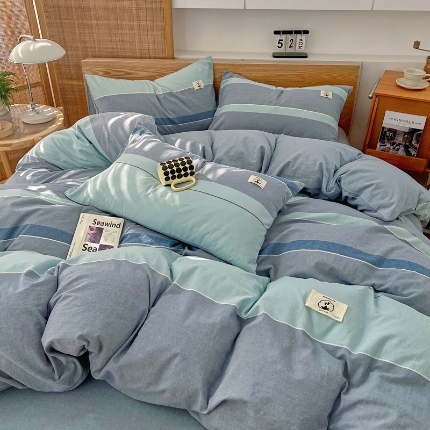 91家纺网 家纺一手货源 找家纺 （总）2025新款全棉水洗棉色织四件套复古条纹ins风纯棉学生宿舍三件套床单床笠款