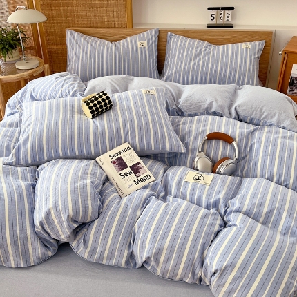 91家纺网 家纺一手货源 找家纺 （总）2025新款全棉水洗棉色织四件套复古条纹ins风纯棉学生宿舍三件套床单床笠款