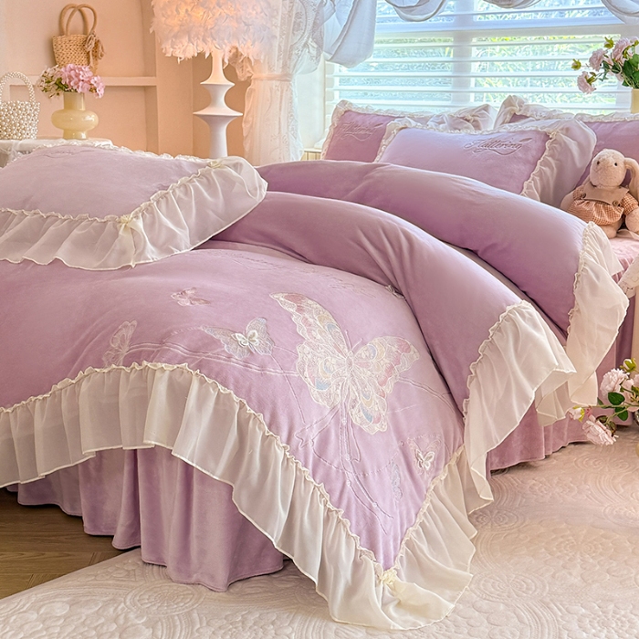 91家纺网 家纺一手货源 找家纺 （总）漫布云 2025新款简约ins风A类全消光230g牛奶绒公主绒四件套床裙款被套-彩蝶系列