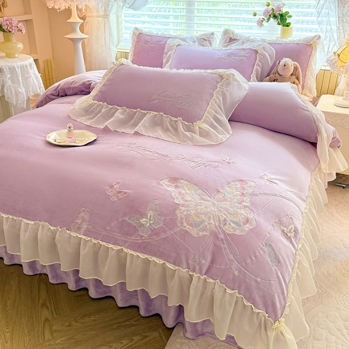 91家纺网 家纺一手货源 找家纺 （总）漫布云 2025新款简约ins风A类全消光230g牛奶绒公主绒四件套床裙款被套-彩蝶系列