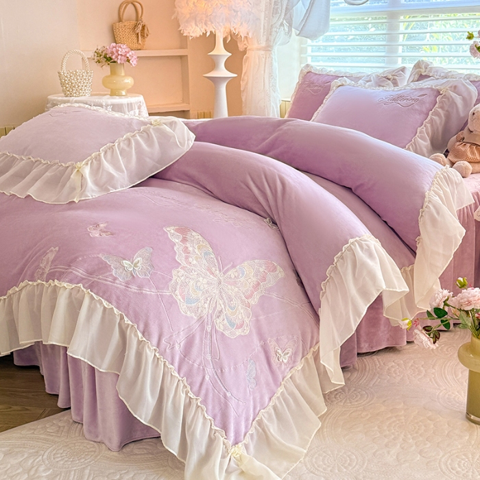 91家纺网 家纺一手货源 找家纺 （总）漫布云 2025新款简约ins风A类全消光230g牛奶绒公主绒四件套床裙款被套-彩蝶系列