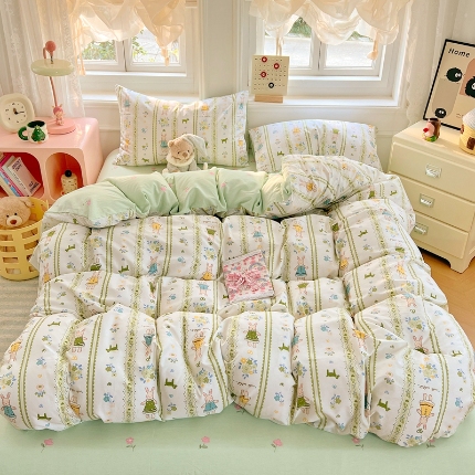 91家纺网 家纺一手货源 找家纺 （总）2025新款13070纯棉四件套卡通小清新全棉印花三四件套床单床笠款床品套件