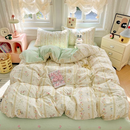 91家纺网 家纺一手货源 找家纺 （总）2025新款13070纯棉四件套卡通小清新全棉印花三四件套床单床笠款床品套件