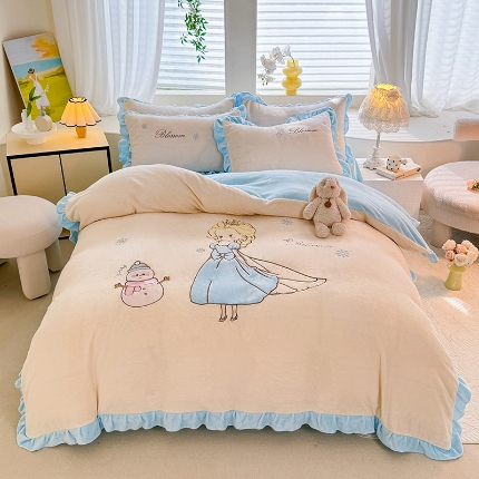 91家纺网 家纺一手货源 找家纺 苏米娜2025秋冬新品大版卡通230g牛奶绒兔毛贴布绣婴儿绒四件套--可爱兔系列   可爱兔-暖黄 