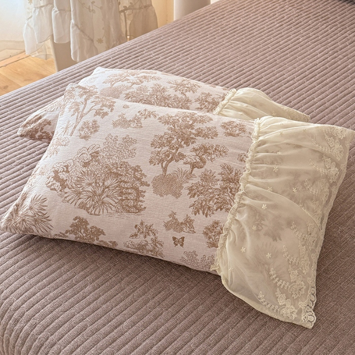 91家纺网 家纺一手货源 找家纺 苏米娜2025秋冬新款法式复古双层花边大蕾丝水洗棉亚麻床盖款四件套全棉纯棉印花小碎花四件套 芙琳 