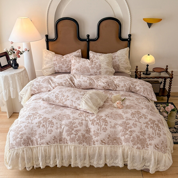 91家纺网 家纺一手货源 找家纺 苏米娜2025秋冬新款法式复古双层花边大蕾丝水洗棉亚麻床盖款四件套全棉纯棉印花小碎花四件套 芙琳 