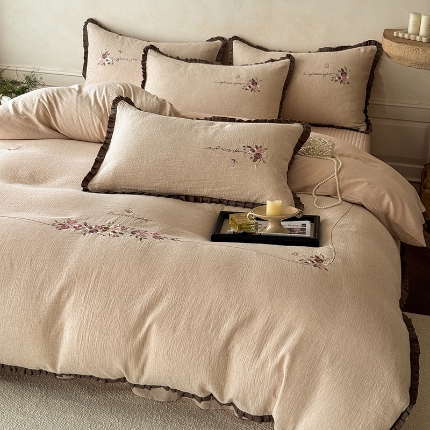 91家纺网 家纺一手货源 找家纺 （总）艾唯希家纺 2025新款全棉复古棉麻工艺四件套纯棉-晚风玫瑰系列