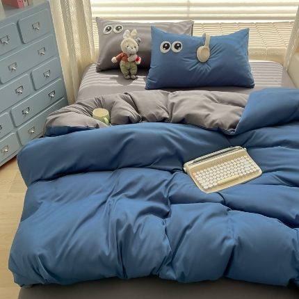 91家纺网 家纺一手货源 找家纺 （总）（有买家秀）2025新款大眼睛毛巾绣双拼水洗棉四件套多巴胺风简约纯色双拼三四件套床品套件