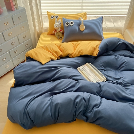 91家纺网 家纺一手货源 找家纺 （总）（有买家秀）2025新款大眼睛毛巾绣双拼水洗棉四件套多巴胺风简约纯色双拼三四件套床品套件