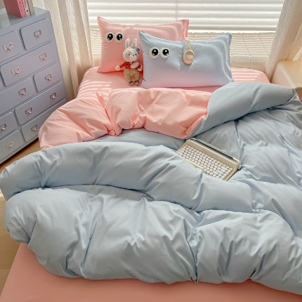 91家纺网 家纺一手货源 找家纺 （总）（有买家秀）2025新款大眼睛毛巾绣双拼水洗棉四件套多巴胺风简约纯色双拼三四件套床品套件