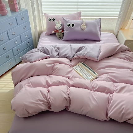 91家纺网 家纺一手货源 找家纺 （总）（有买家秀）2025新款大眼睛毛巾绣双拼水洗棉四件套多巴胺风简约纯色双拼三四件套床品套件