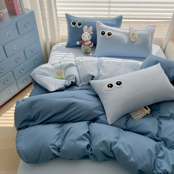 91家纺网 家纺一手货源 找家纺 （总）（有买家秀）2025新款大眼睛毛巾绣双拼水洗棉四件套多巴胺风简约纯色双拼三四件套床品套件