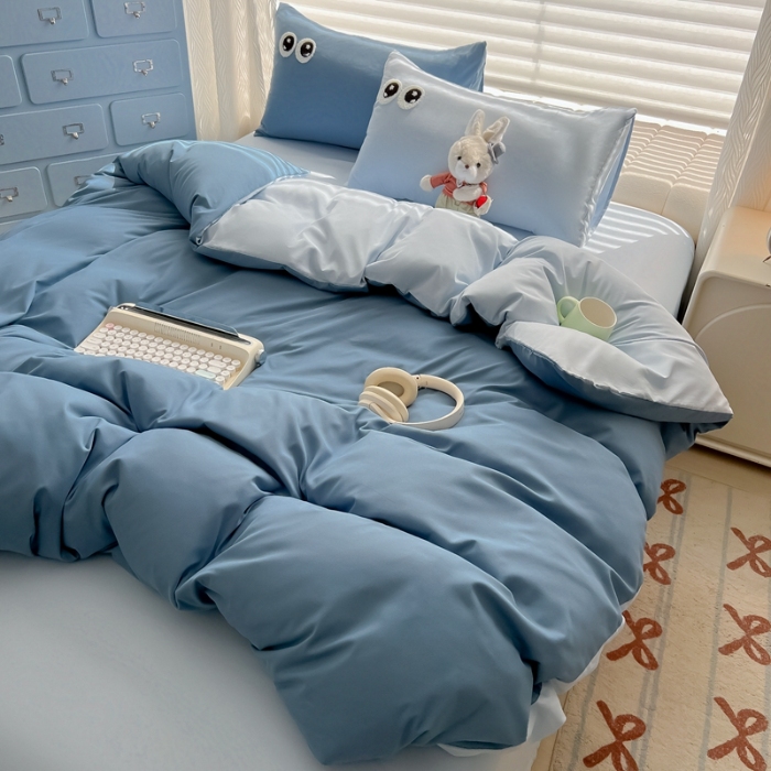 91家纺网 家纺一手货源 找家纺 （总）（有买家秀）2025新款大眼睛毛巾绣双拼水洗棉四件套多巴胺风简约纯色双拼三四件套床品套件