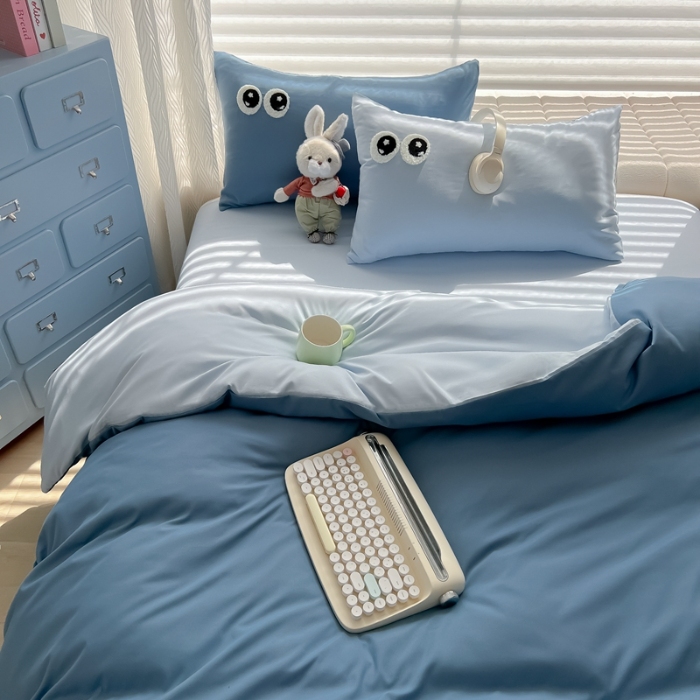 91家纺网 家纺一手货源 找家纺 （总）（有买家秀）2025新款大眼睛毛巾绣双拼水洗棉四件套多巴胺风简约纯色双拼三四件套床品套件